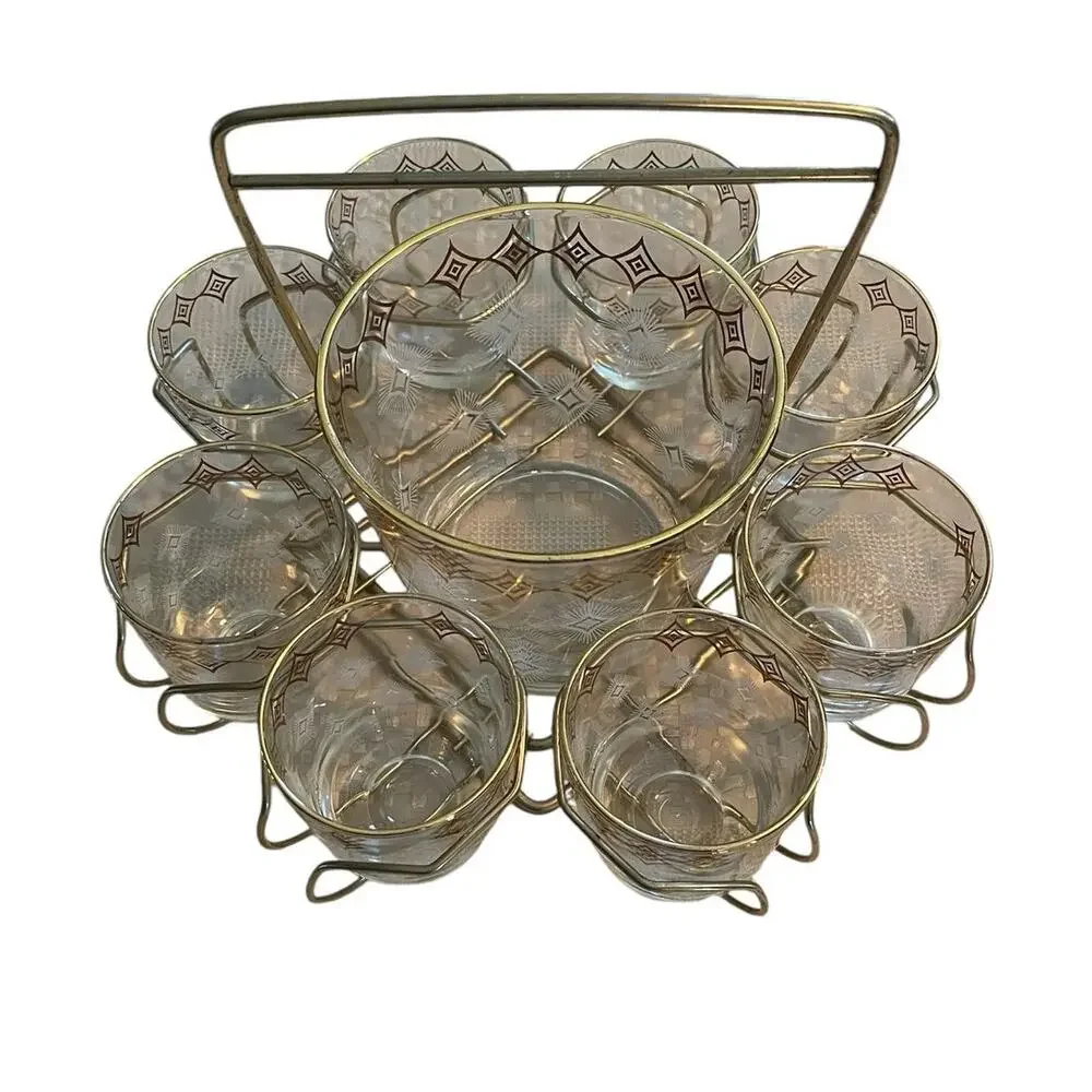 Jeannette Glass Atomic 10 Piece MCM Vintage Bar Set Glasses Ice Bucket Carrier